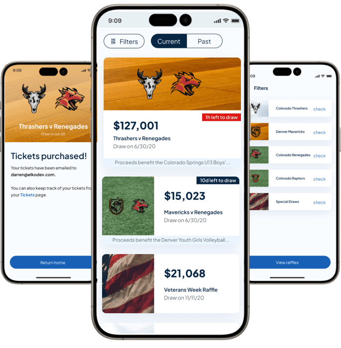 An innovative mobile application interface displaying raffle drawings: The first screen confirms ticket purchase, while the second reveals available draws, such as 