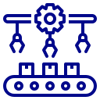 Icon of a factory assembly line with a conveyor belt. Three boxes sit on the belt while above, robotic arms with gears, symbolizing AI in manufacturing, are poised for assembly. The image is depicted in a simple blue outline style.