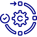 Icon depicting a blue gear, symbolizing AI in manufacturing, surrounded by arrows and a checkmark. The gear encloses a letter